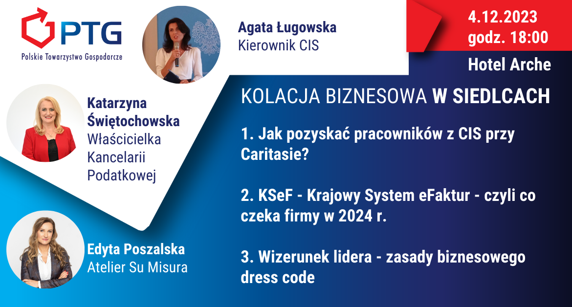 Siedlce: Kolacja Biznesowa Polskiego Towarzystwa Gospodarczego 4 Grudnia 2023, 18:00