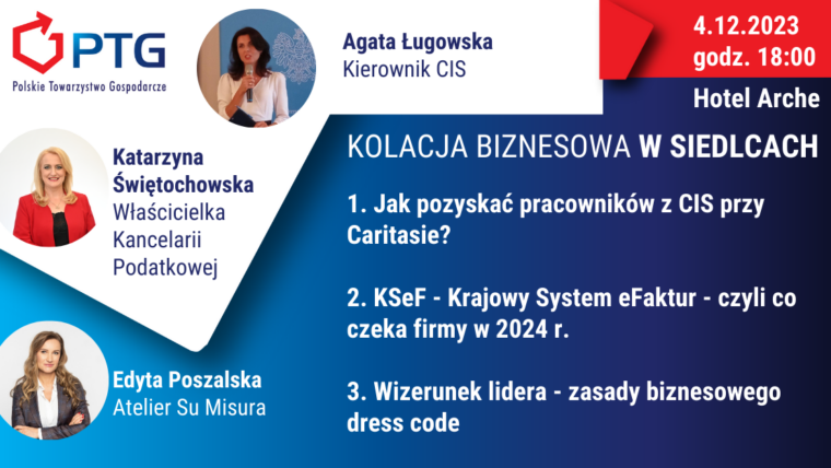 Siedlce: Kolacja Biznesowa Polskiego Towarzystwa Gospodarczego 4 Grudnia 2023, 18:00